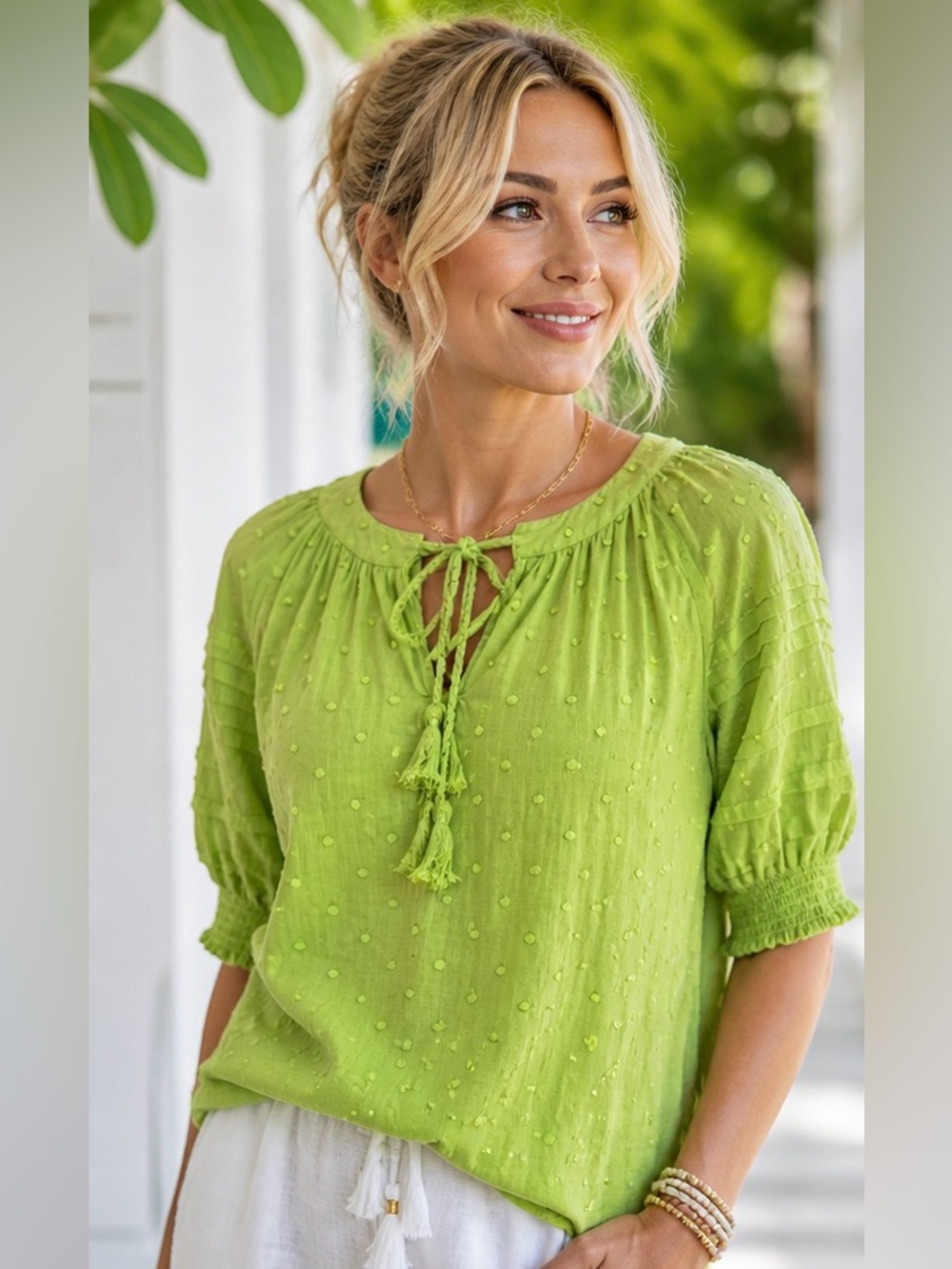 Olivia James The Label Green Swiss Dot Blouse XS Tassel Tie Boho Peasant Top